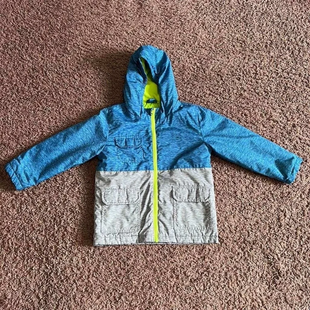 Swiss Tech Boys Blue Grey Colorblock Hooded Puffer Jacket Neon Green Lining 4T